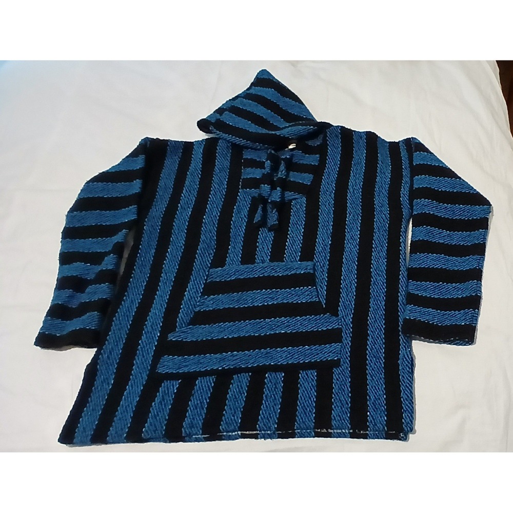 Striped Baja Hoodie Pullover Drug Rug Poncho - Men's Blue Black XL Poncho Mexico